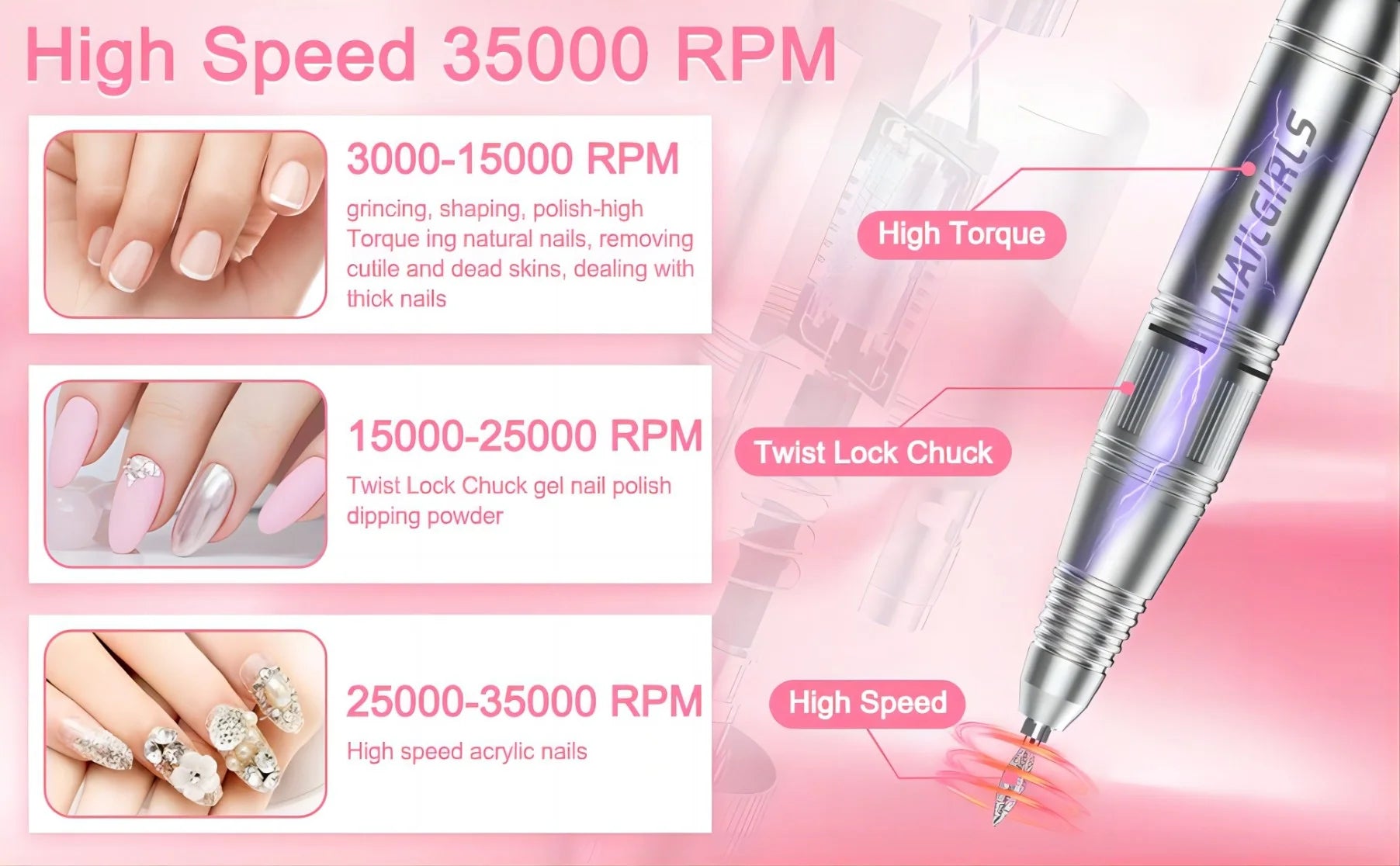 Professional 2 in 1 Nail Drill with Efficient Suction, 35000RPM Electric Nail Efile, White